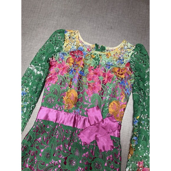 Handmade macramé floral bright green satin lace midi dress S whimsical fairy - Picture 4 of 13